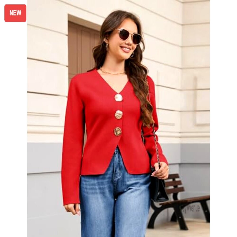 Cropped Cardigan V-Neck Long Sleeve Gold Button Knit Sweater Chic Office Wear - Picture 2 of 6